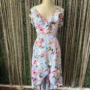 Easter Spring Light Blue Floral Ruffle Wrap Dress